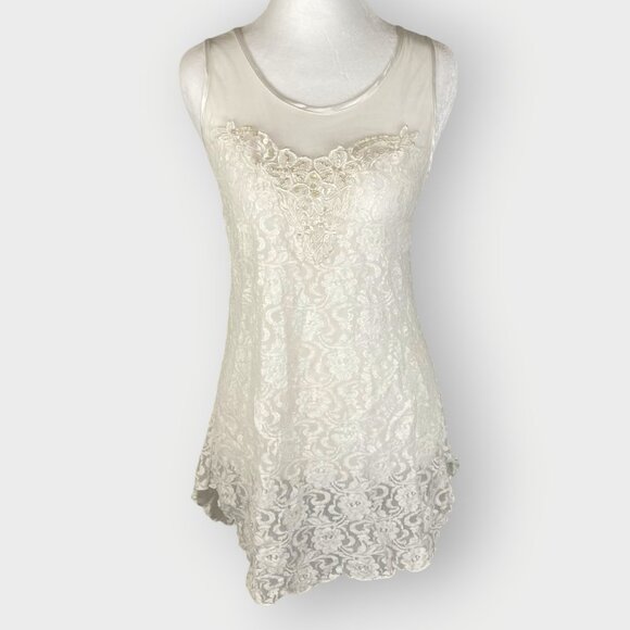Secret Treasures Other - Vtg Teddy Slip Dress | White | Sheer Mesh Lace Sequin | Angelcore Coquette
